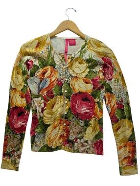 60% Silk Charlotte Tarantola Floral Cardigan in Yellow, Red, Green